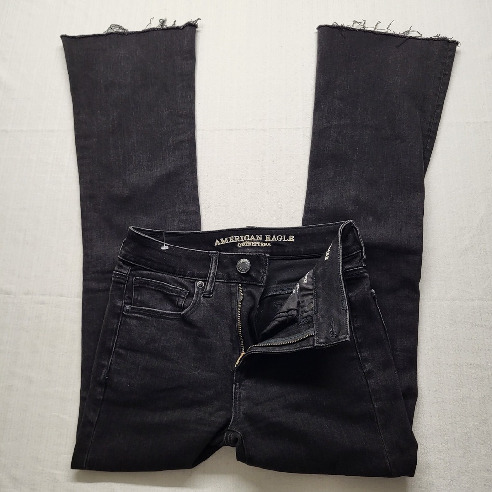 American Eagle Jeans Slim Flare Womens 2 Tall Black Distressed Raw Hem 80s Disco